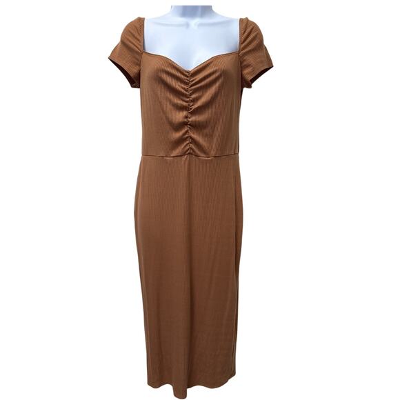 Reformation Dresses & Skirts - Bodycon Ribbed Knit Dress Size Large Butterscotch Back Slit Reformation Bleeker